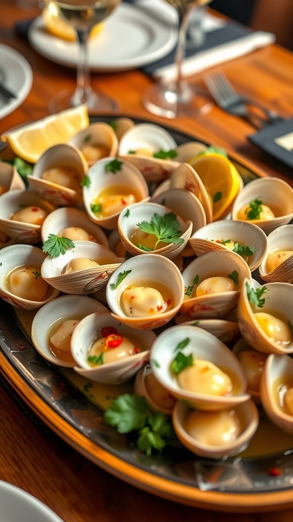 Garlic butter clams on a platter with parsley and lemon wedges, served on a wooden table.